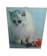 Vintage White Cat kitten Wooden Wall Plaque 70s Studio One Rose Kitty 1973 - £23.29 GBP