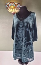 Soft Surroundings Dark Teal Velvet Velour BURN-OUT Tunic Top Dress Size Xs - £54.23 GBP