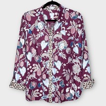 CHICO’S No-Iron Cheetah Floral Classic Stretch Button Up Shirt Burgundy ... - £20.98 GBP