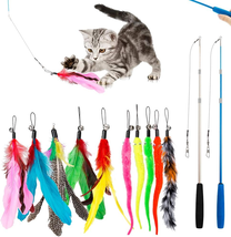 Cat Toys Feather Toy, 2PCS Retractable Wand and 10PCS Replacement Teaser - $10.45