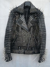 New Men&#39;s Full Black Punk Silver Long Spiked Studded Leather Brando Jacket-793 - £364.52 GBP