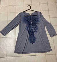 One World Live And Let Live Women&#39;s Blue Boho Relaxed Shirt Top Floral Sz Large - £11.35 GBP