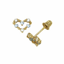 Aquamarine &amp; White Sapphire 14K Yellow Gold Heart Shape Stud Earrings Screw Back - £48.49 GBP