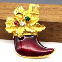Elegant Christmas Stocking Brooch, Vintage Enamel with Gold Tone Gifts and Red a - £19.33 GBP