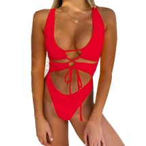 Red Women&#39;S Sexy Cutout Lace Up Backless High Cut One Piece Swimsuit Monokini S - £45.44 GBP