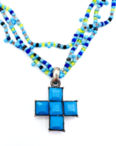 Vintage 80&#39;s Multi Strand Seed Bead Blue Cross Pendant Necklace - £13.99 GBP