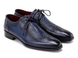Paul Parkman Mens Shoes Derby Blue Ostrich Calfskin Lace-Up Handmade 788... - $899.99