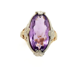 10k Yellow and White Gold Filigree Genuine Natural Amethyst Ring Flowers #J6346 - €439,86 EUR