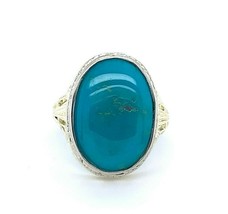 14k Yellow Gold Art Deco Teal Genuine Natural Turquoise Filigree Ring (#J5198) - £890.11 GBP