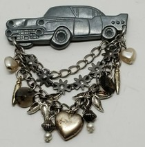 Vtg 57&#39; Chevy Silver Car Lapel Pin w/ Layered Chain Dangle Charms Beads ... - £13.70 GBP