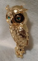 Vintage Gold Owl Brooch With Crystal Green Eyes Approx. 3 inches - £18.24 GBP