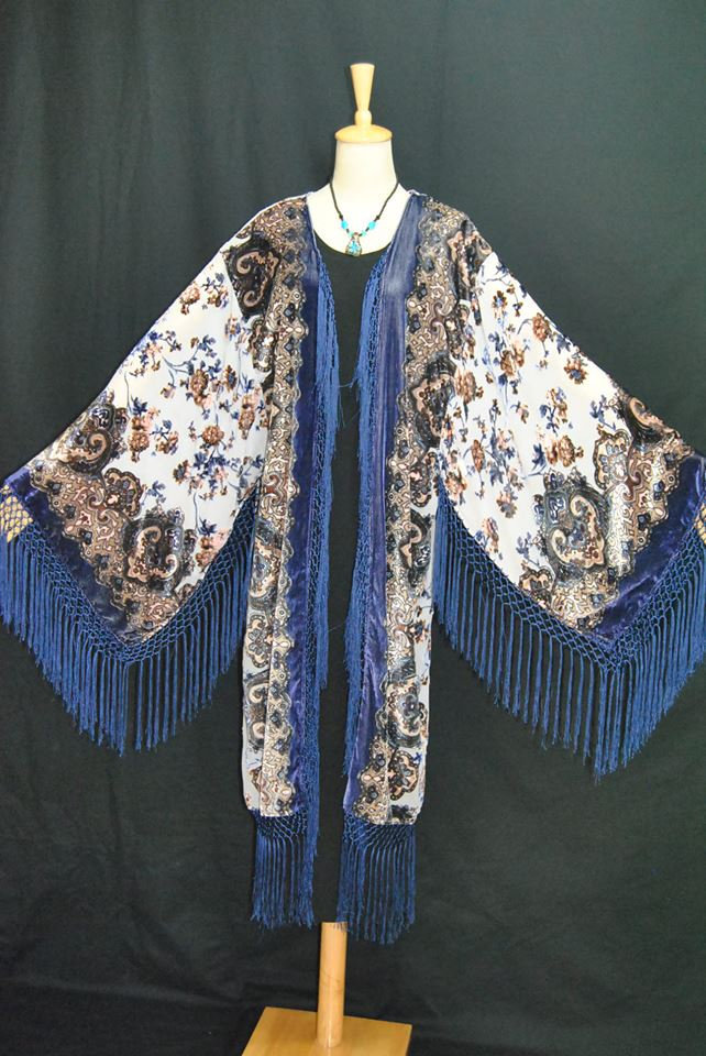Primary image for Beautiful Deep Blue&Cream Art Deco Bohemian Gypsy Velvet Kimono Duster
