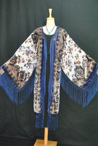 Beautiful Deep Blue&amp;Cream Art Deco Bohemian Gypsy Velvet Kimono Duster - £156.93 GBP