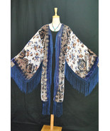 Beautiful Deep Blue&amp;Cream Art Deco Bohemian Gypsy Velvet Kimono Duster - $274.43 CAD