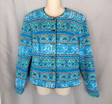 Maggie London jacket dressy silk button up Sz 10  blue floral lined EUC - $29.35