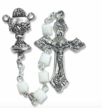 SQUARE WHITE GLASS BEADS ROSARY CRUCIFIX CROSS AND CHALICE CENTER - $39.99