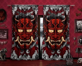 Red &amp; Silver Oni Curtains, Gothic Demon Window Drapes, Sheer and Blackout, Singl - £131.50 GBP+