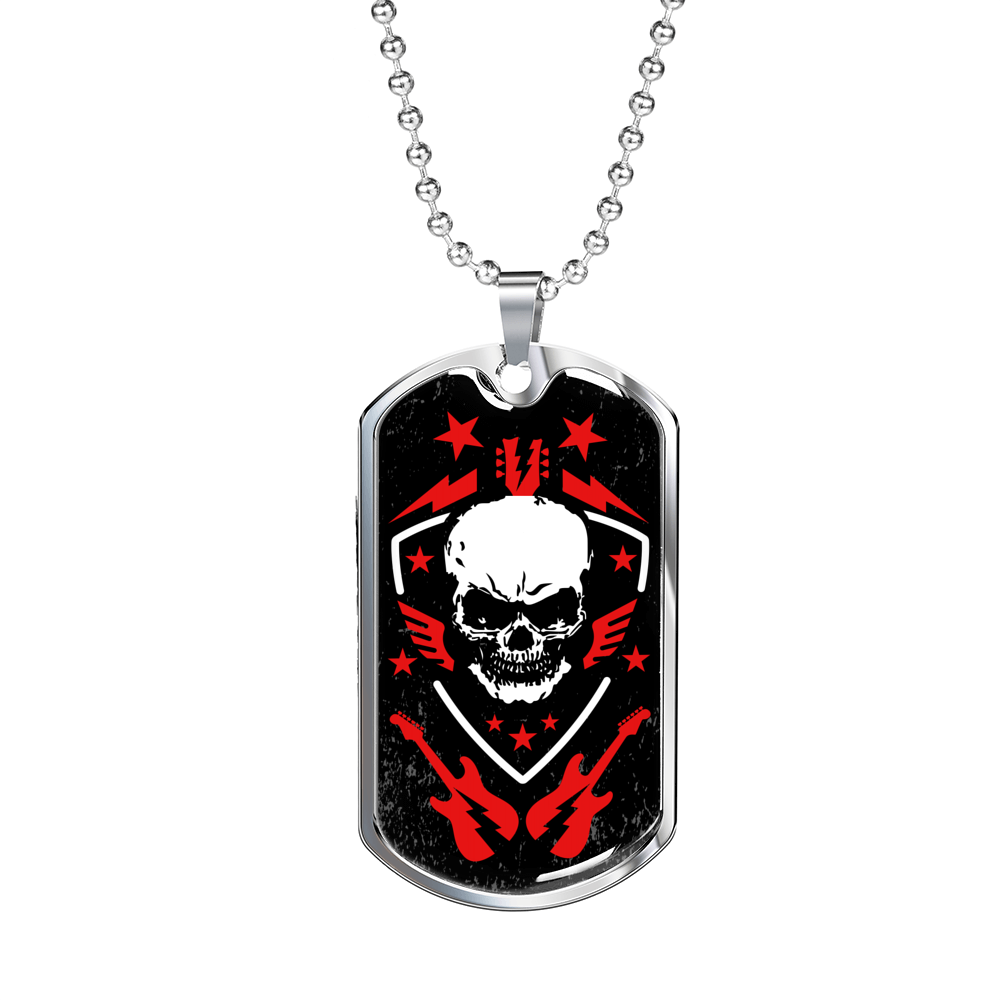 Rock N Roll Skull Guitars Music Necklace Stainless Steel or 18k Gold Dog Tag 24