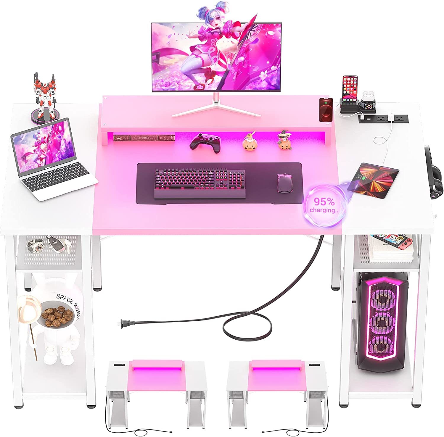 Primary image for Armocity Computer Desk With Led Lights, 48 Inch Desk With Power, Pink And White.
