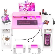 Armocity Computer Desk With Led Lights, 48 Inch Desk With Power, Pink And White. - £135.02 GBP