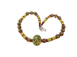Vtg Handpainted Ceramic Beaded Necklace Round &amp; Faceted Beads 18” Brass Clasp - £13.66 GBP