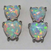 2Ct Opal Doppel Herzen Versprechen Ohrstecker 14K Weiß Vergoldet Silber - £66.83 GBP