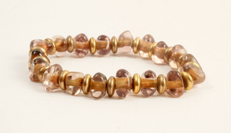 Primary image for Clear Glass Bead Bracelet Stretchy with Gold Tone Spacers 7 Inches Boho