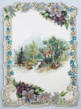Victorian Die Cut Embossed Greeting Card Country Home Scene Stream Floral Frame - £14.78 GBP