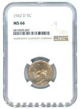 1942-D 5C Jefferson Nickel Graded by NGC as MS66 - $118.25