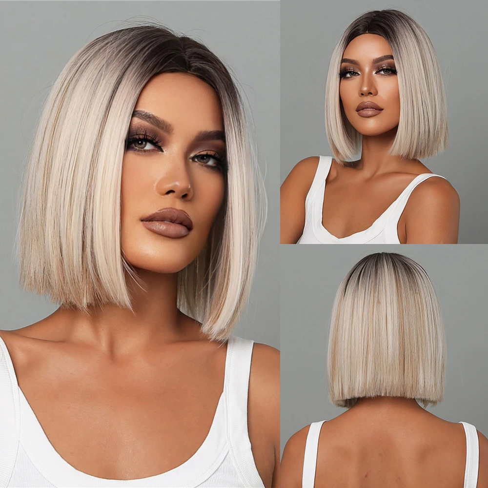 Short Straight Mixed Platinum Blonde Synthetic Wig with Bangs Ombre Brown B - £17.05 GBP+