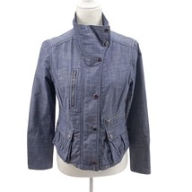 WHBM 8P Blue Denim Moto Jacket High Collar Snap Button Pockets Stretch C... - £33.68 GBP