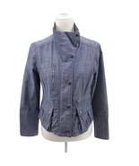 WHBM 8P Blue Denim Moto Jacket High Collar Snap Button Pockets Stretch C... - €36,95 EUR
