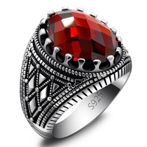Real Silver Vintage Men's Ring 925 Sterling Silver Band Oval Natural Red Cubic Z - £57.51 GBP