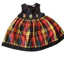 Vintage Corduroy Dress Plaid Embroidered Bunnies Navy Blue Red Yellow  24 Months - £14.11 GBP