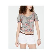 Crave Fame Juniors Womens L Sage Green Floral Lace Up Smocked Blouse Top... - $16.65