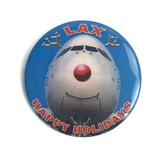 Vtg LAX Los Angeles World Airport Happy Holidays Pinback Button Snowman Airplane - £11.15 GBP
