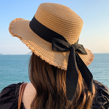 Beach Straw Hat, Holiday Flat Bow Sun Hat, Wide Brim Straw Hat for Women - $17.99