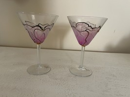 Set Of 2 Glass Hand Painted Flower Martini Glasses 7&quot;H Artist M Pasacrew - $5.94