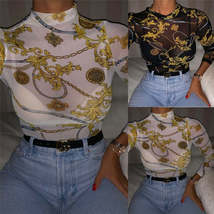 Women Mesh Sheer See Through Print Shirt Blouses Outwear Turtleneck Long... - £9.22 GBP+