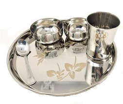 Stainless Steel Dinner Set of 5pcs 1 Thali, 2 Bowl, 1 Glass, 1 Dessert Spoon Din - £35.03 GBP