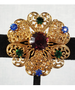 Czechoslovakia (CZECH) Gold Tone Filigree Glass Red, Green &amp; Blue Stones... - €41,72 EUR