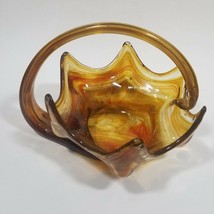 Amber Glass Basket with Handle Vintage 10&quot; Art Glass Centerpiece Handblown - £35.14 GBP