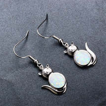 White Opal &amp; Silver-Plated Cat Drop Earrings - £13.28 GBP