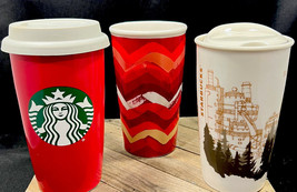 Lot of 3 Starbucks Ceramic Tumbler Cups Lids 2014 2015 2016 Goddess Seattle - £27.65 GBP