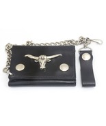 Trifold Black Leather Biker Chain Wallet Metal Bull Head Cattle Design - £15.45 GBP