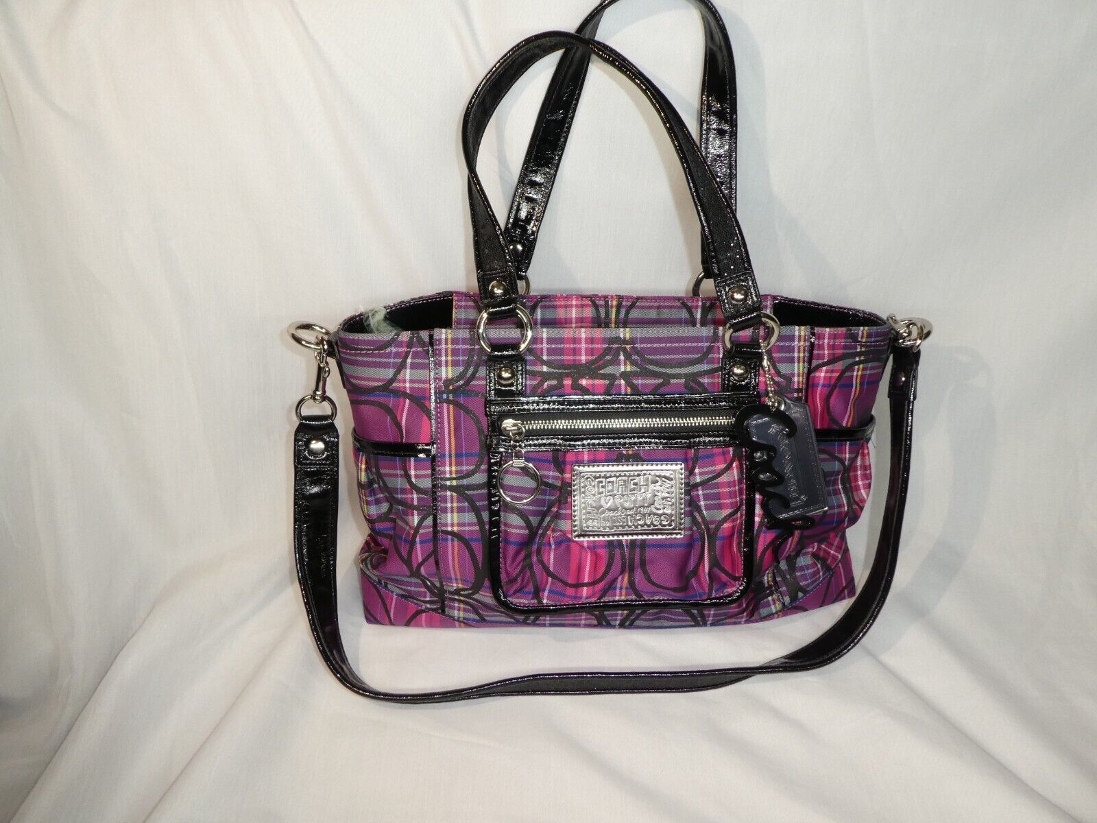 Primary image for COACH POPPY Pink/Purple Plaid Tartan Signature Tote Bag Purse w Two Charms & COA