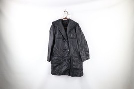 Vtg 60s Streetwear Womens Large Distressed Cape Neck Leather Trench Coat Jacket - £118.66 GBP