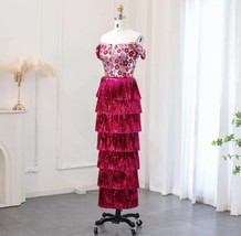 Floral Sequin Fuscia Layered Tassel Special Occasion Dress W/ Detachable Straps - £548.54 GBP