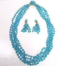 Vintage Blue Flower Bead Necklace Dangle Clip on Earring Set Hong Kong MCM - £15.76 GBP