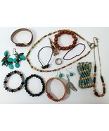 Boho Jewelry Lot Blue &amp; Brown Tones Necklaces Bracelets Pendants Earrings  - £19.78 GBP